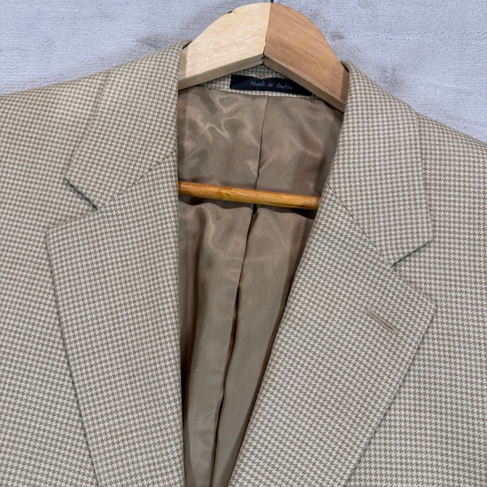 Lauren Ralph Lauren Mens 44R Silk Wool Houndstooth Sport Coat Blazer Tan Cream - Picture 2 of 12